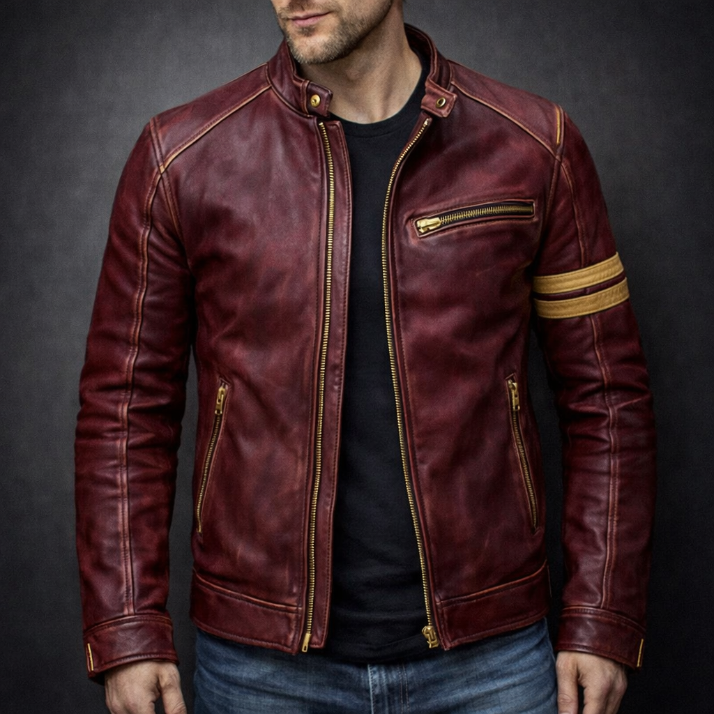 Men's Leather Jacket, Patina Finish, 4-Pocket Zip-Up