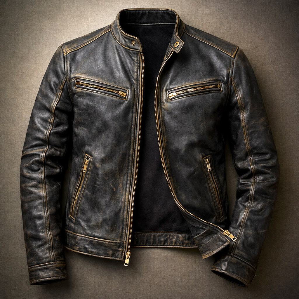 Men's Leather Jacket, Patina Finish, 4-Pocket Zip-Up