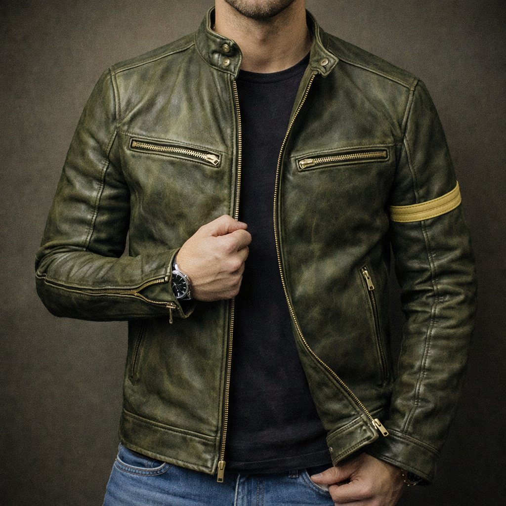 Men's Leather Jacket, Patina Finish, 4-Pocket Zip-Up