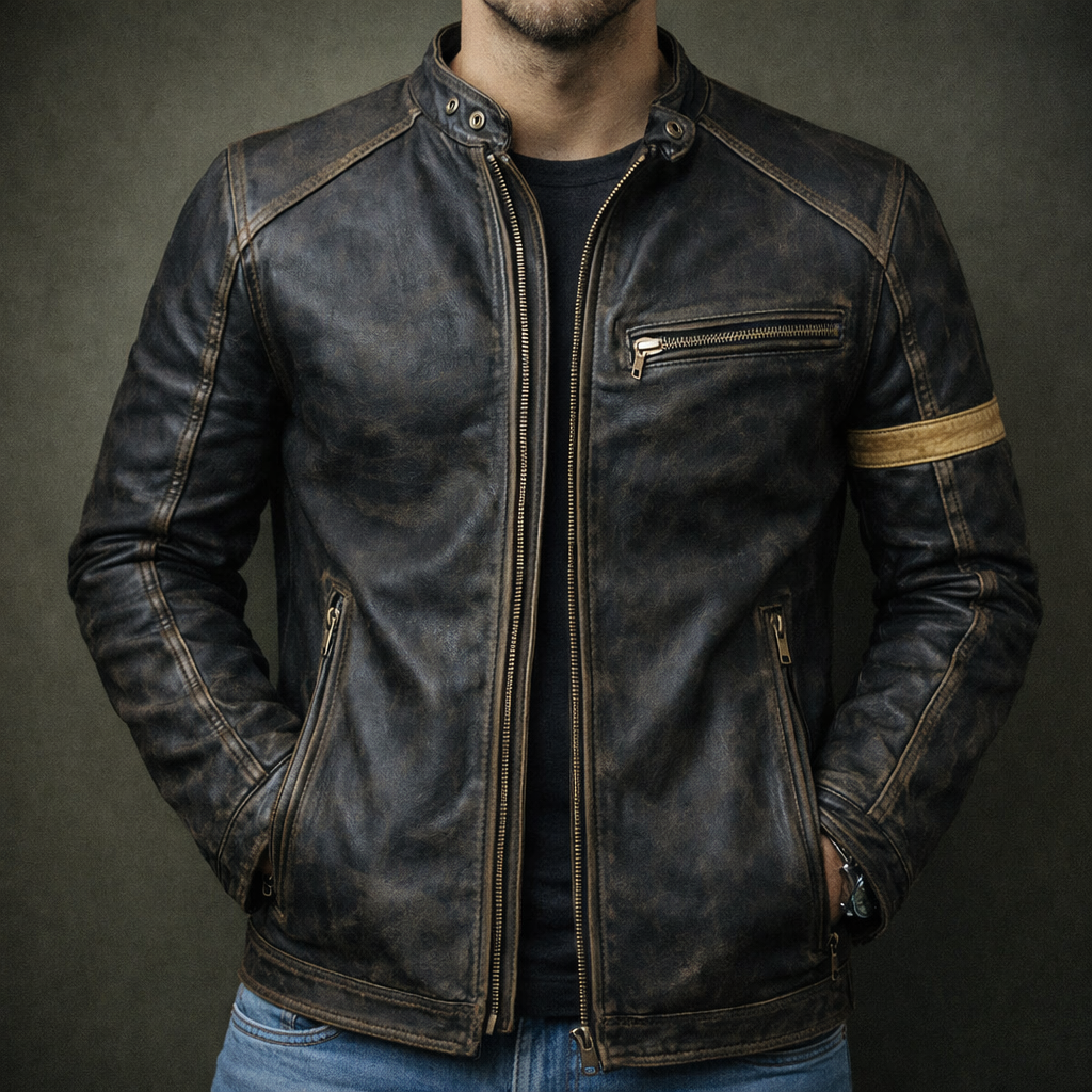 Men's Leather Jacket, Patina Finish, 4-Pocket Zip-Up