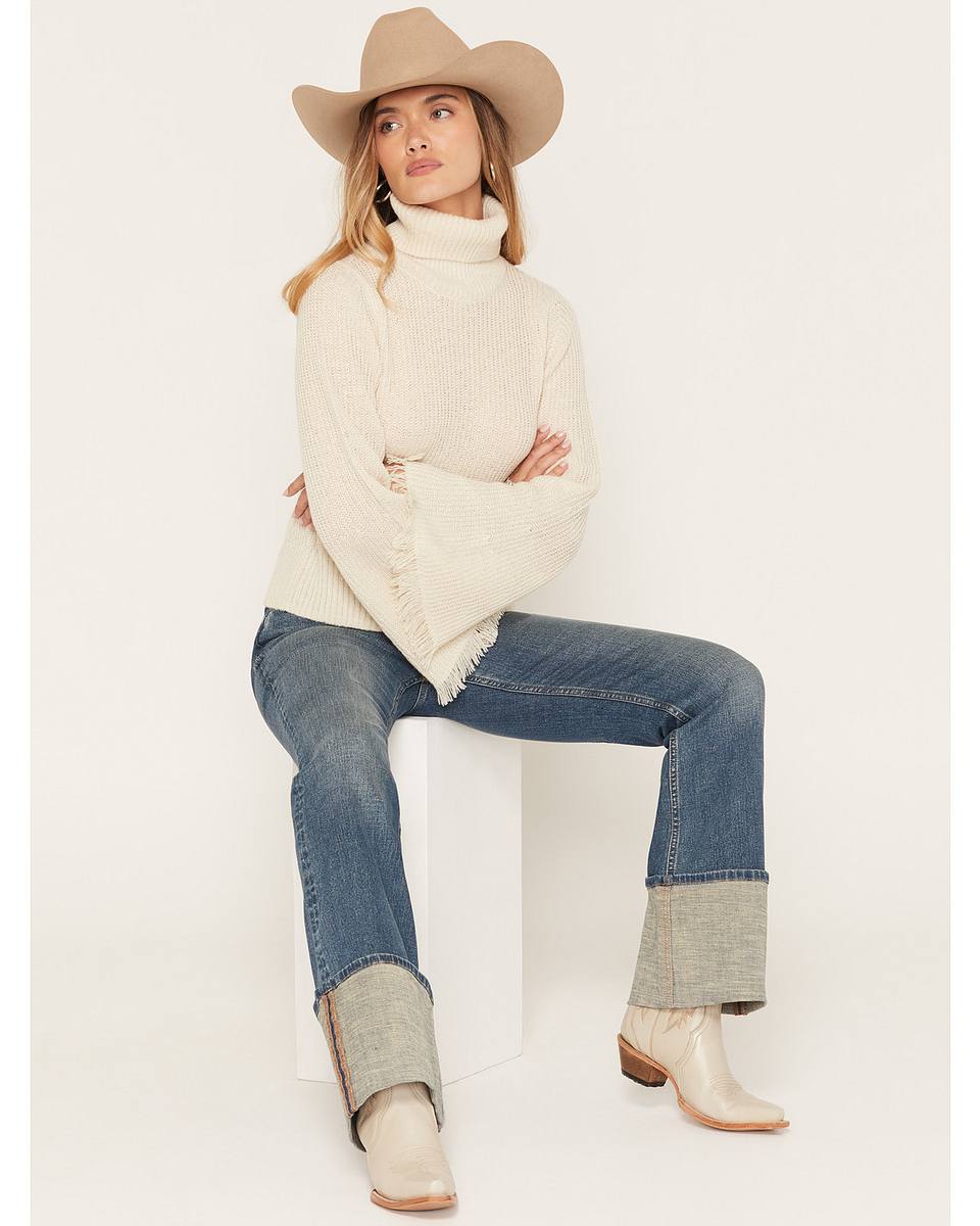 Women's Turtleneck Sweater with Solid Bell Sleeves