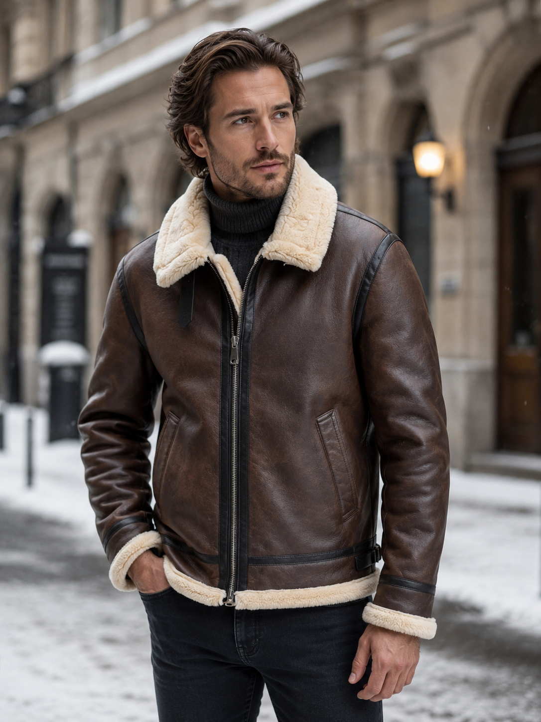 Men's Faux Leather Shearling Aviator Jacket
