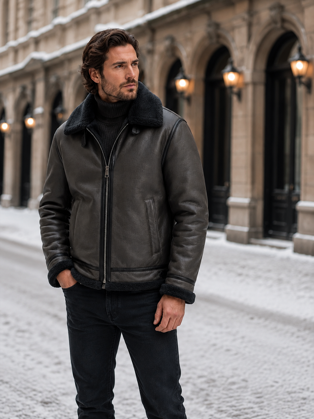 Men's Faux Leather Shearling Aviator Jacket
