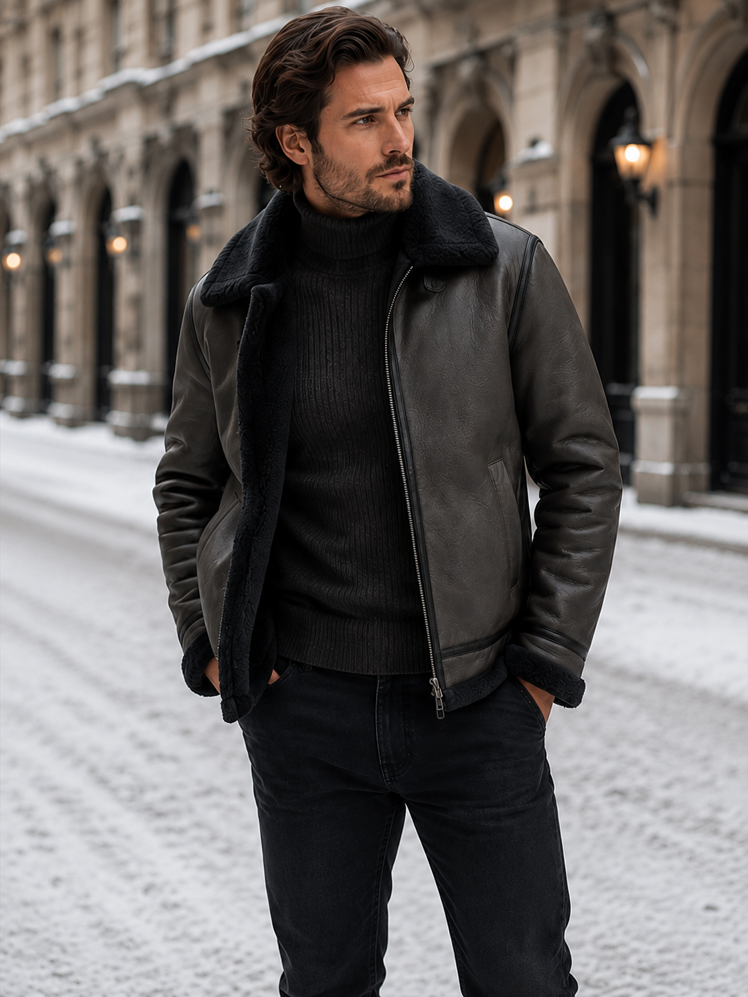 Men's Faux Leather Shearling Aviator Jacket