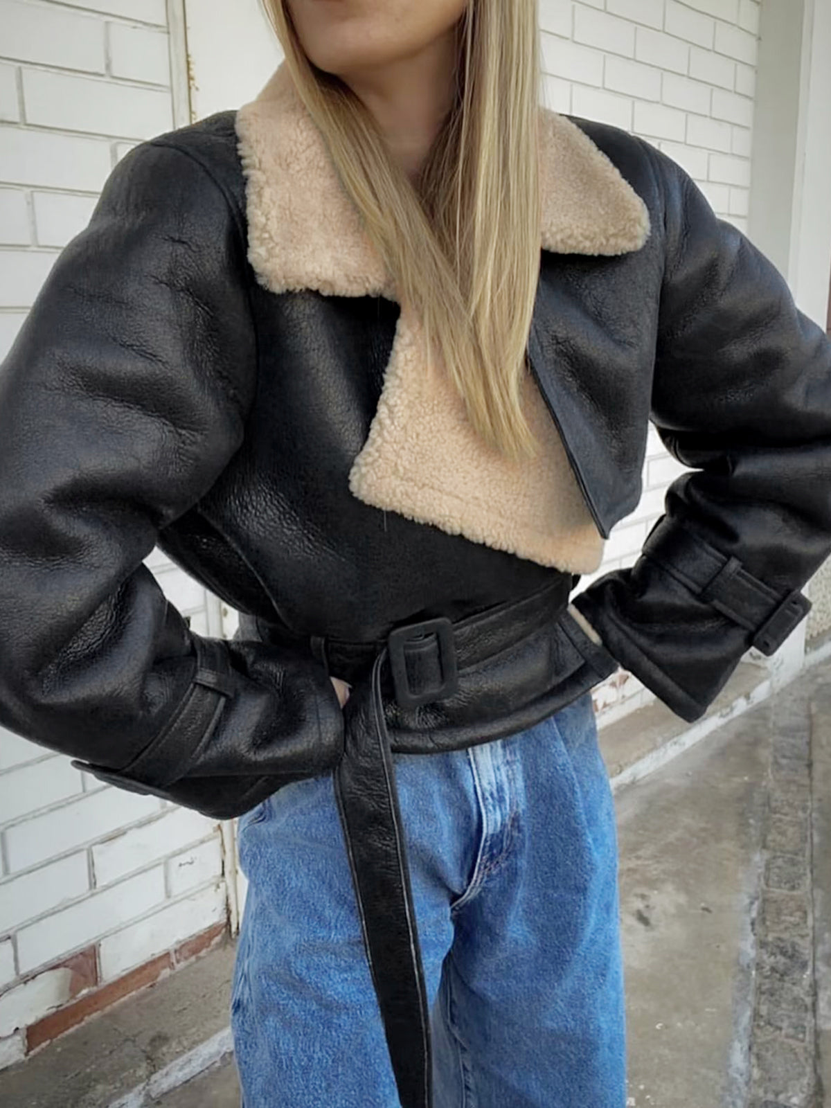 Women's Shearling Leather Flight Jacket with Sherpa Lining