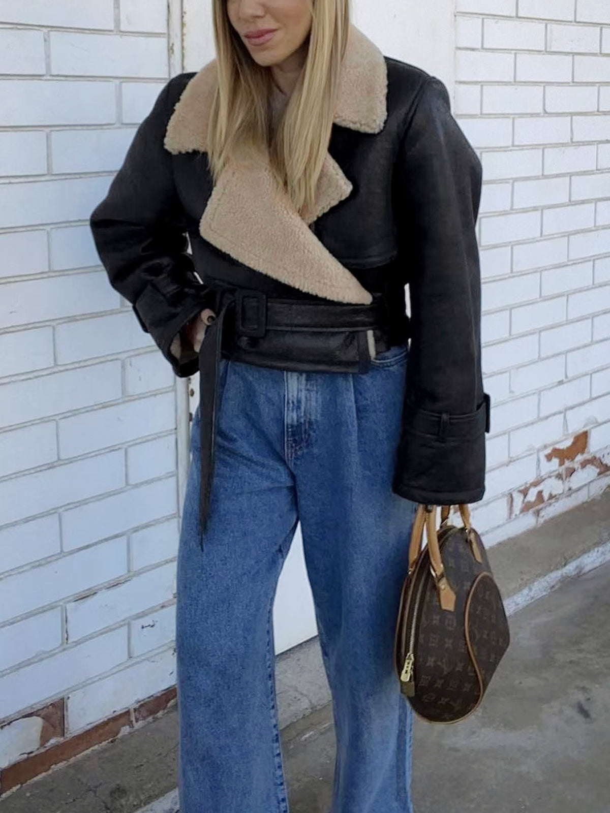 Women's Shearling Leather Flight Jacket with Sherpa Lining