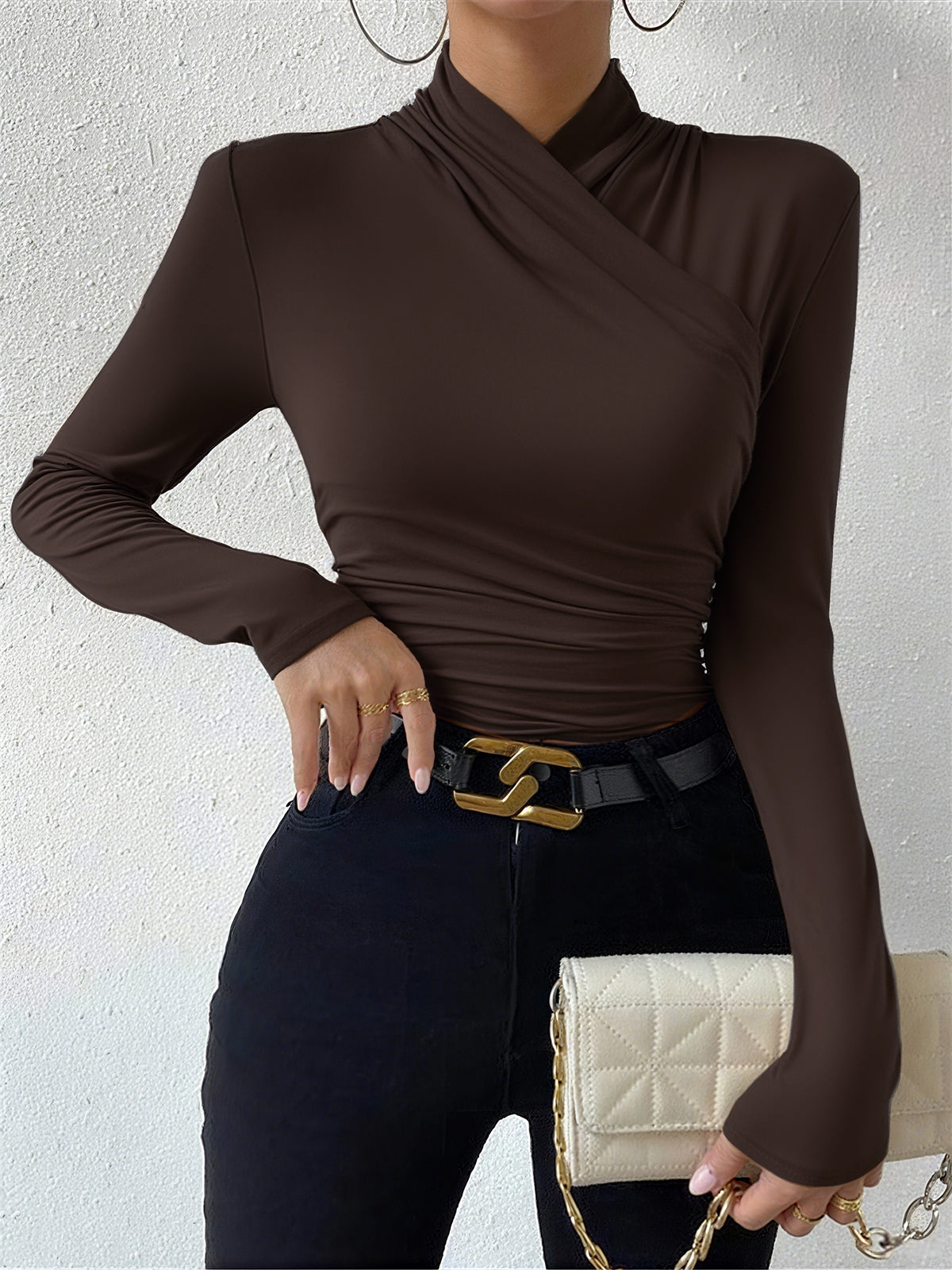 Women's Pleated Cinched Cross-Over Collar T-Shirt