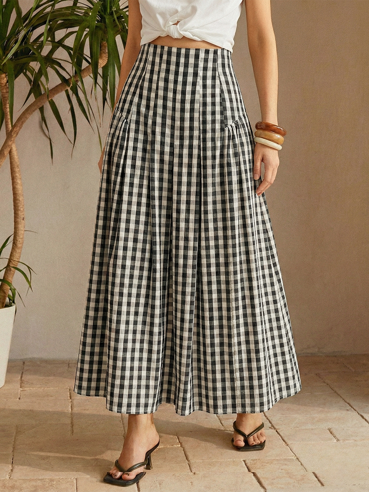 Women's High-Waisted Gingham Pleated Midi Skirt