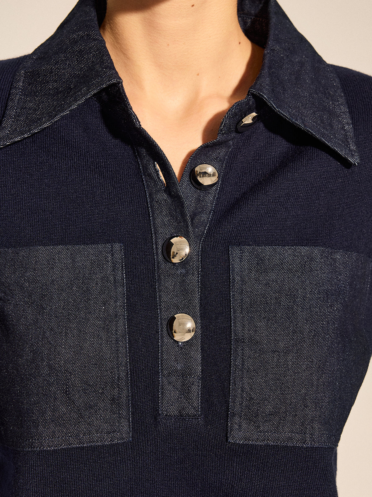 Women's Long Sleeve Denim Patch Collared Knit Top