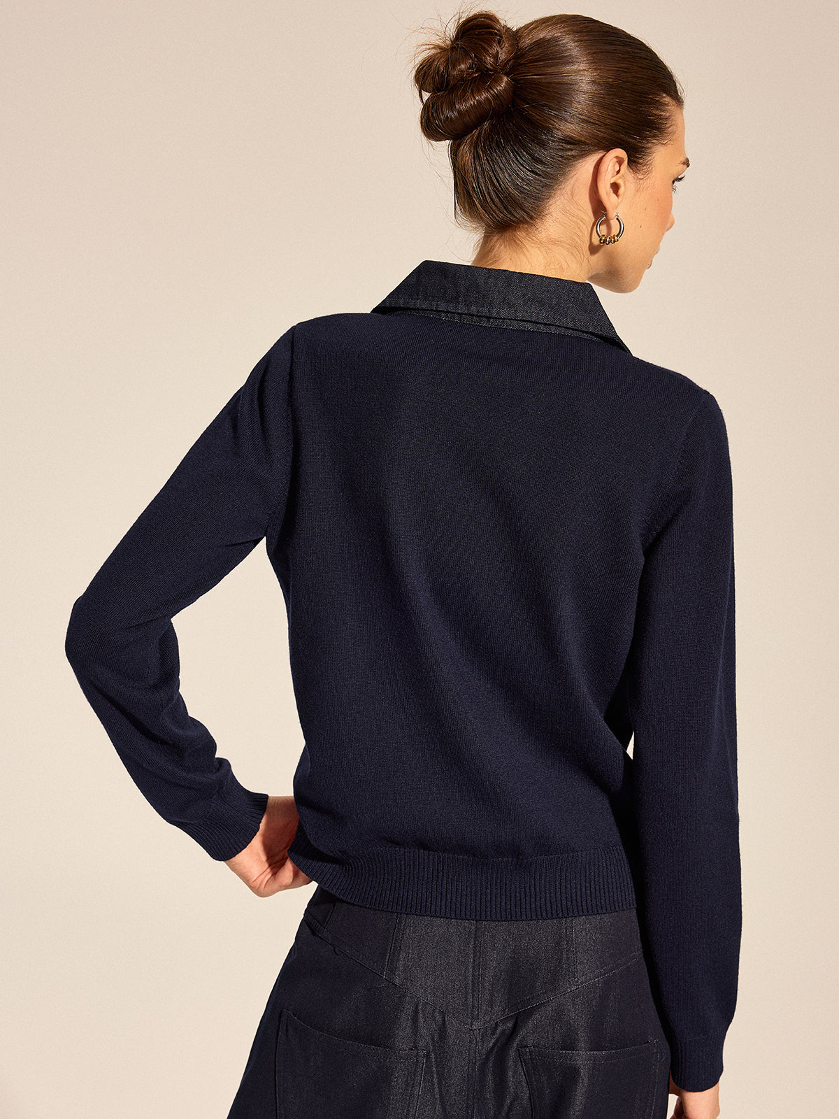 Women's Long Sleeve Denim Patch Collared Knit Top
