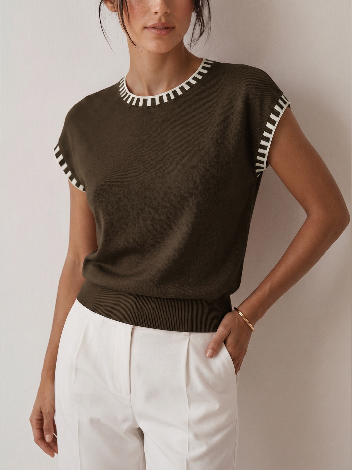 Women's Cap Sleeve Contrast Trim Knit Top