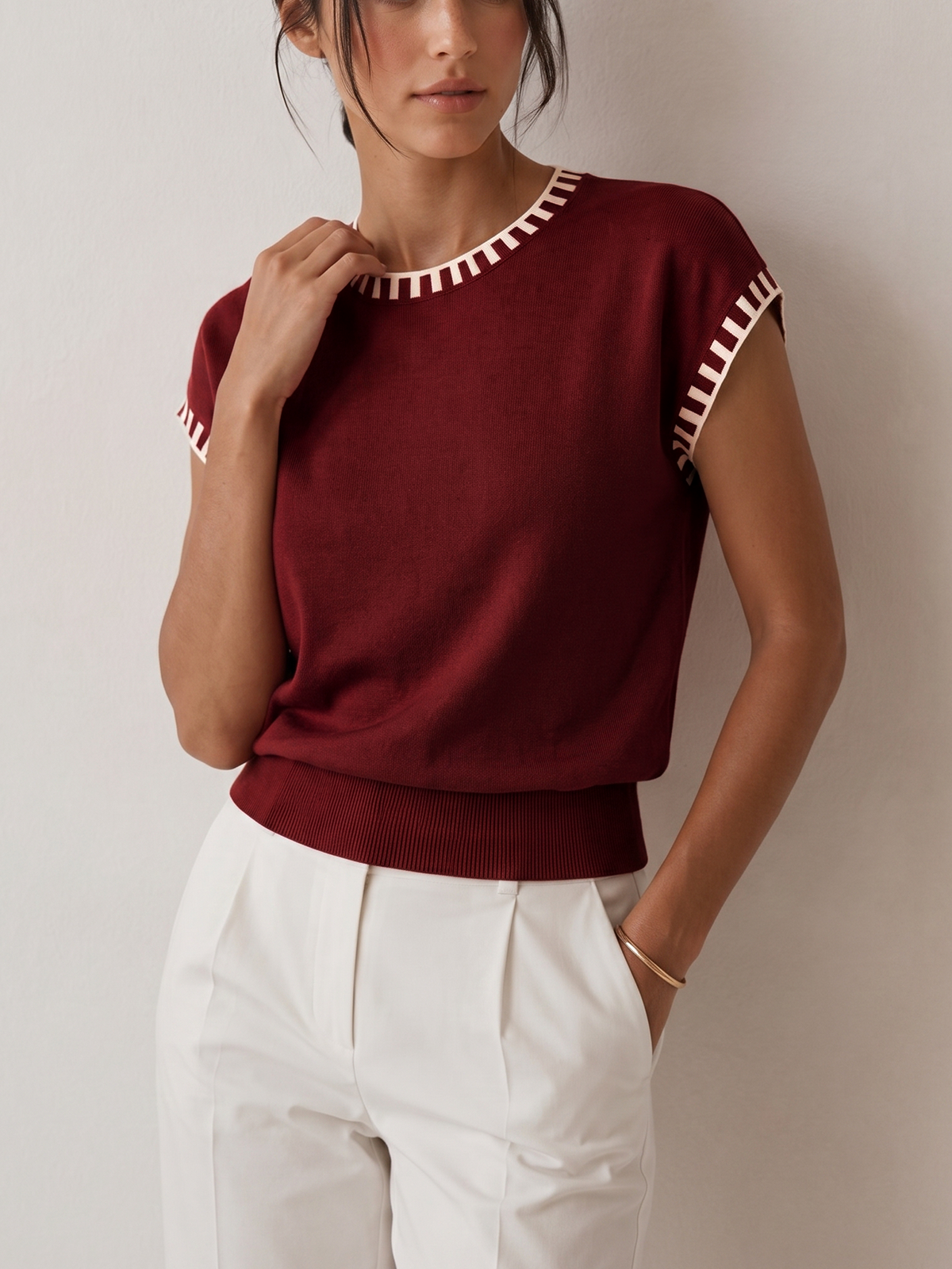 Women's Cap Sleeve Contrast Trim Knit Top