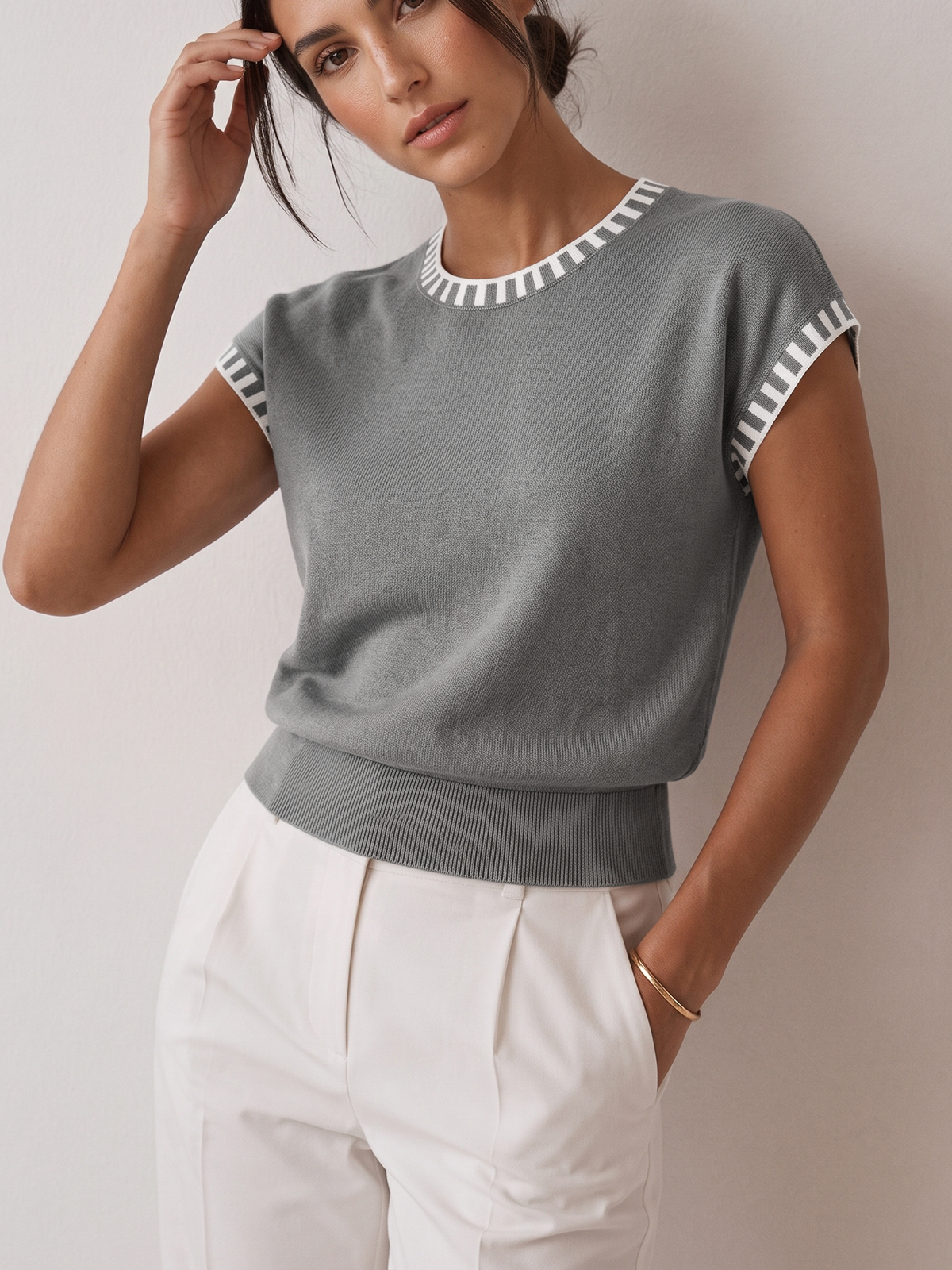 Women's Cap Sleeve Contrast Trim Knit Top