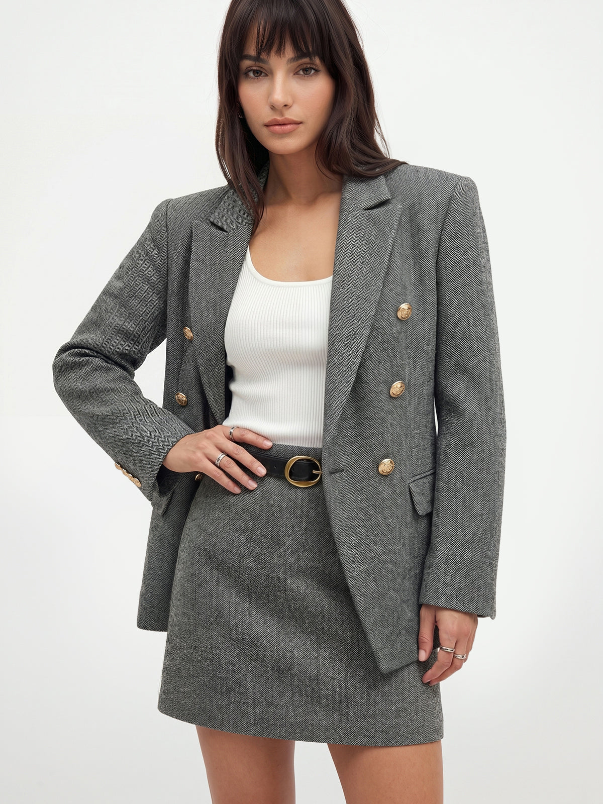 Women's Herringbone Wool Blend Double-Breasted Blazer