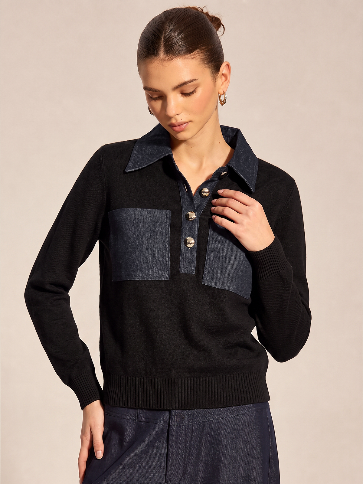 Women's Long Sleeve Denim Patch Collared Knit Top