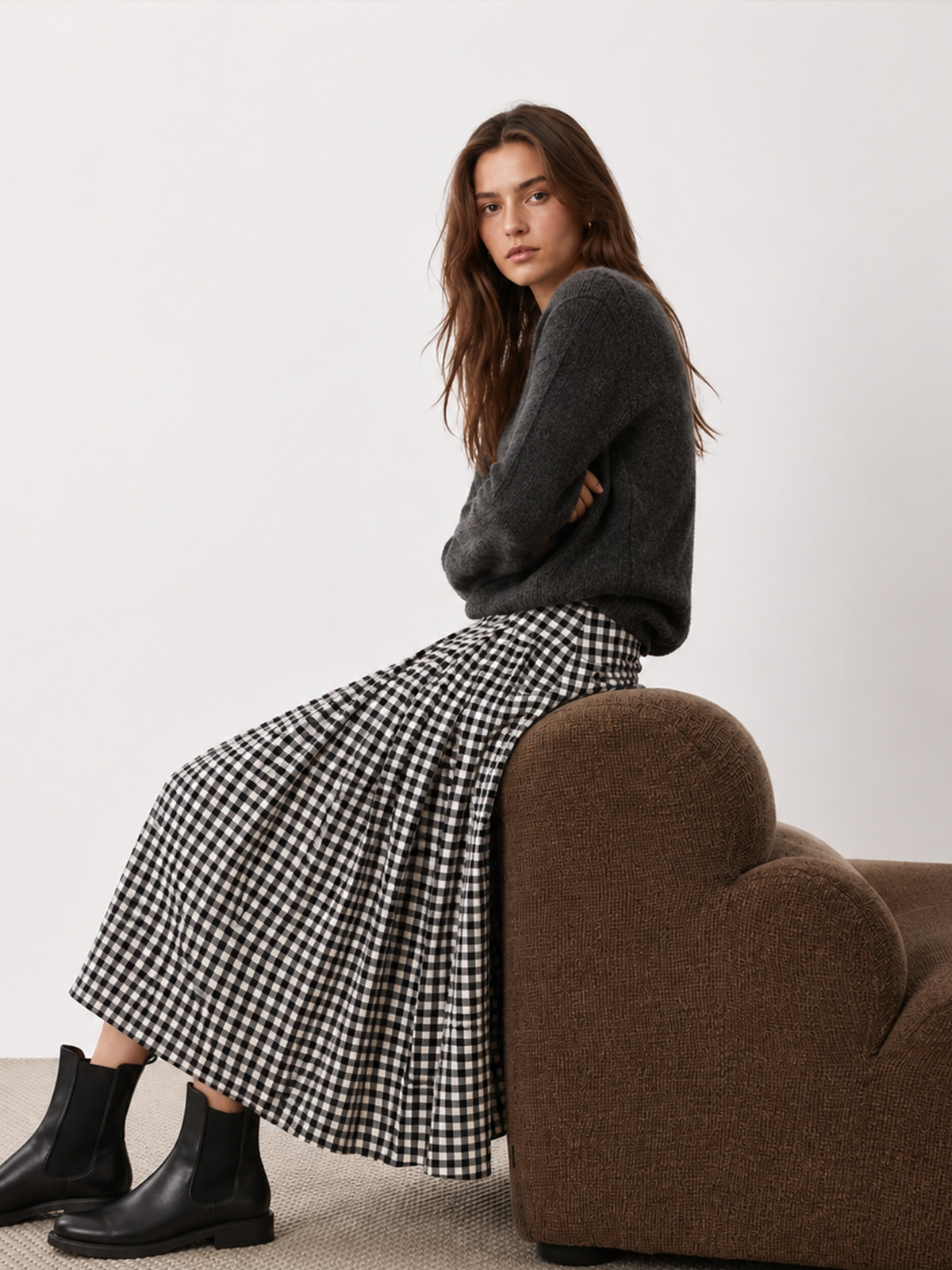 Women's High-Waisted Gingham Pleated Midi Skirt