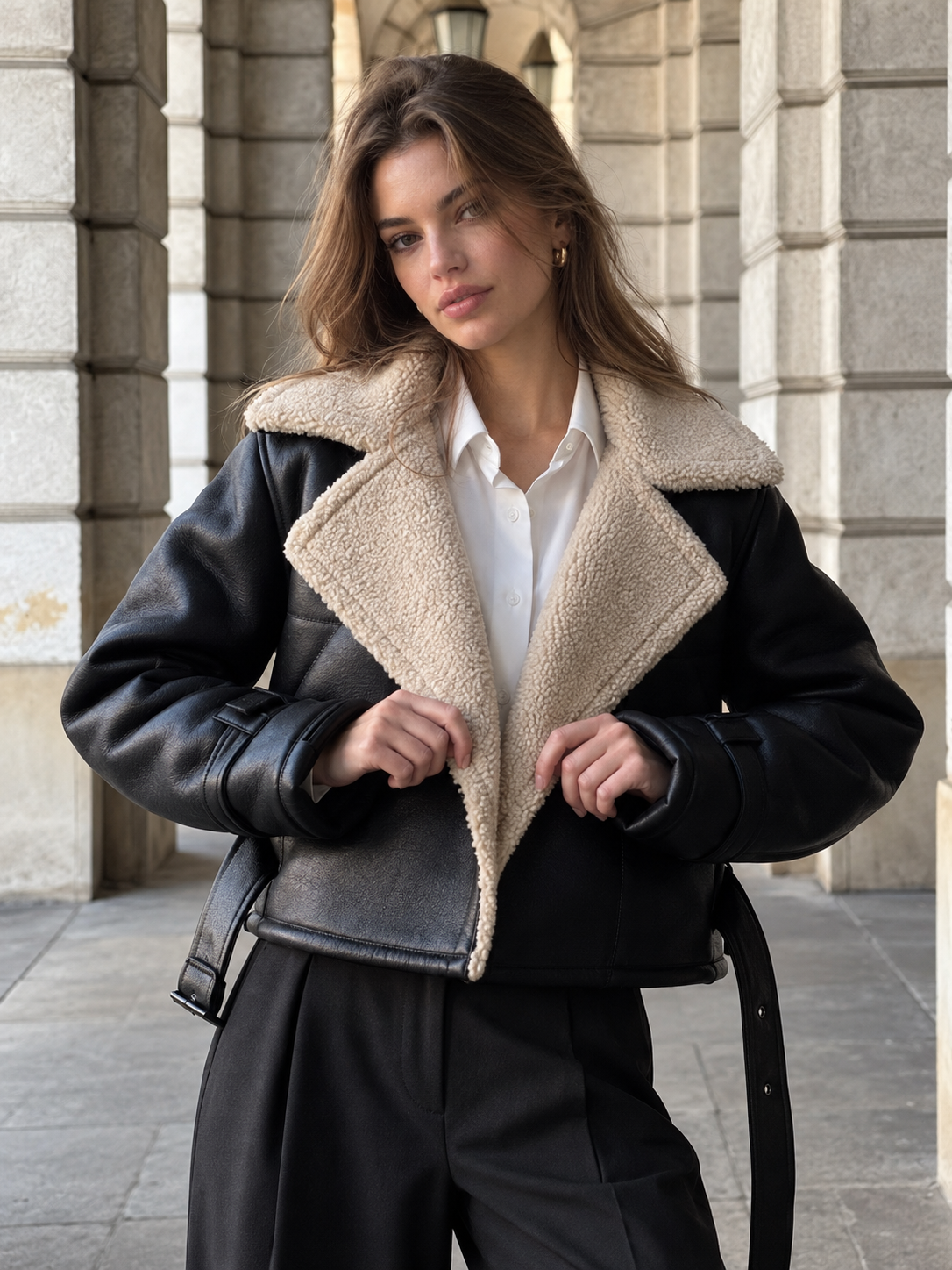 Women's Shearling Leather Flight Jacket with Sherpa Lining