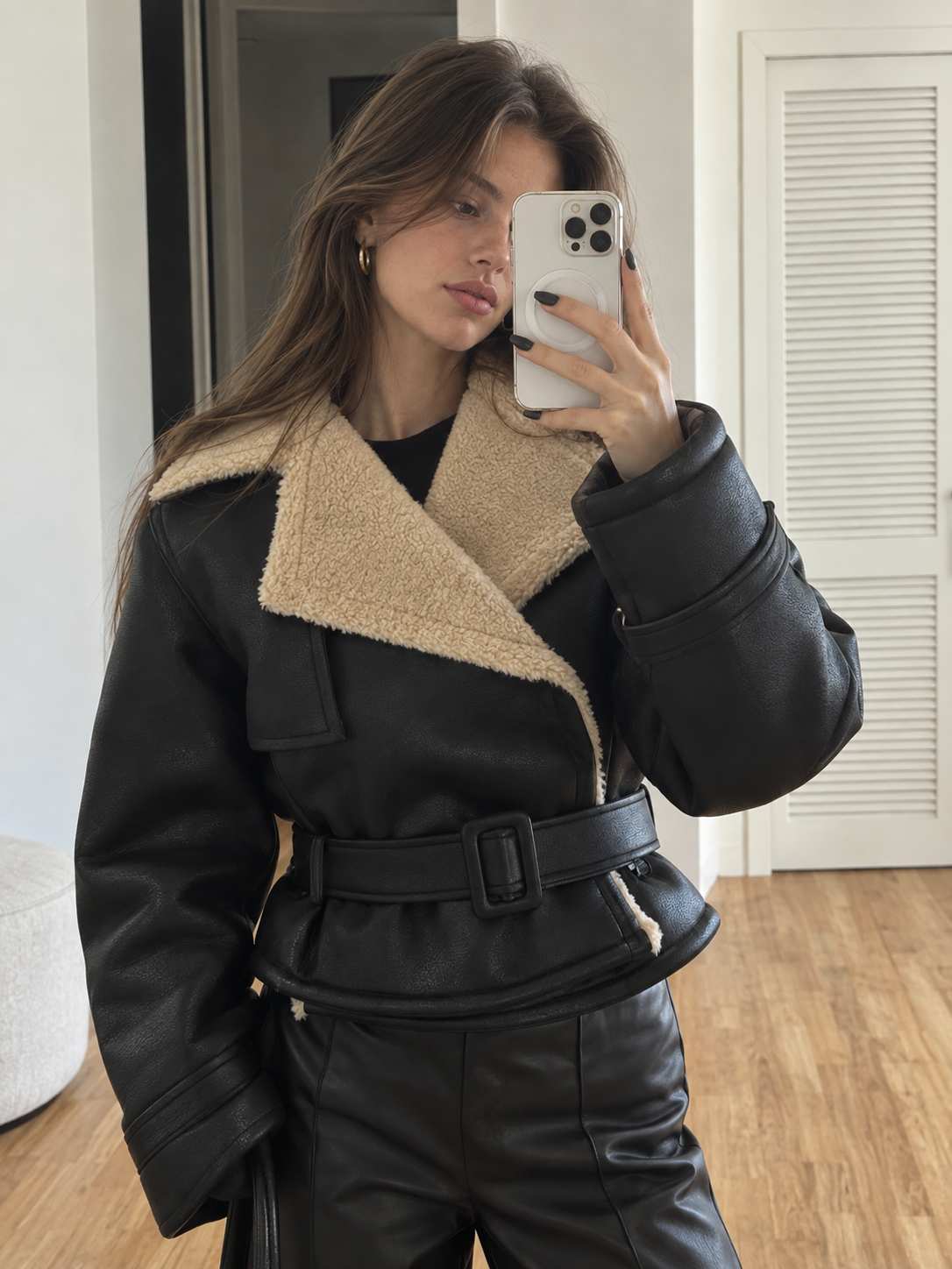 Women's Shearling Leather Flight Jacket with Sherpa Lining