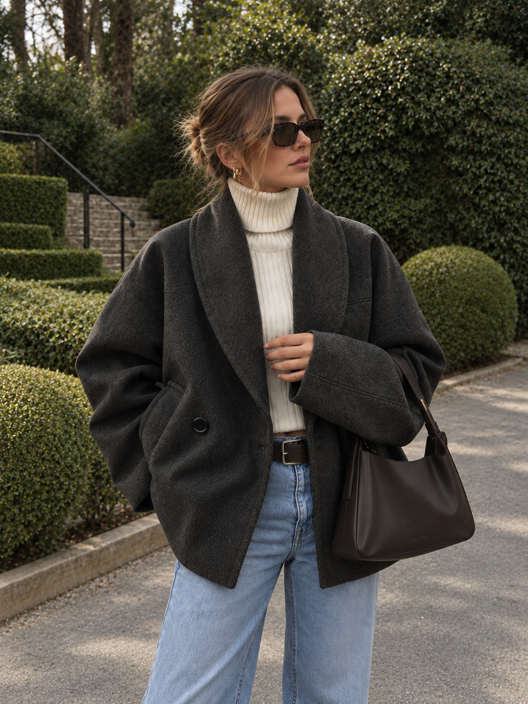 Women's Loose Tweed Coat with Pockets