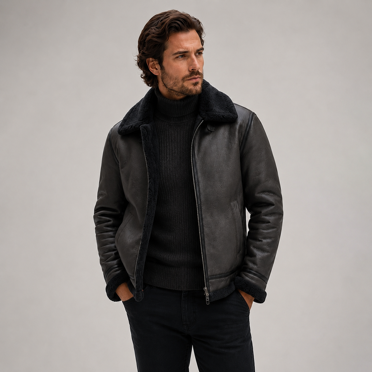 Men's Faux Leather Shearling Aviator Jacket