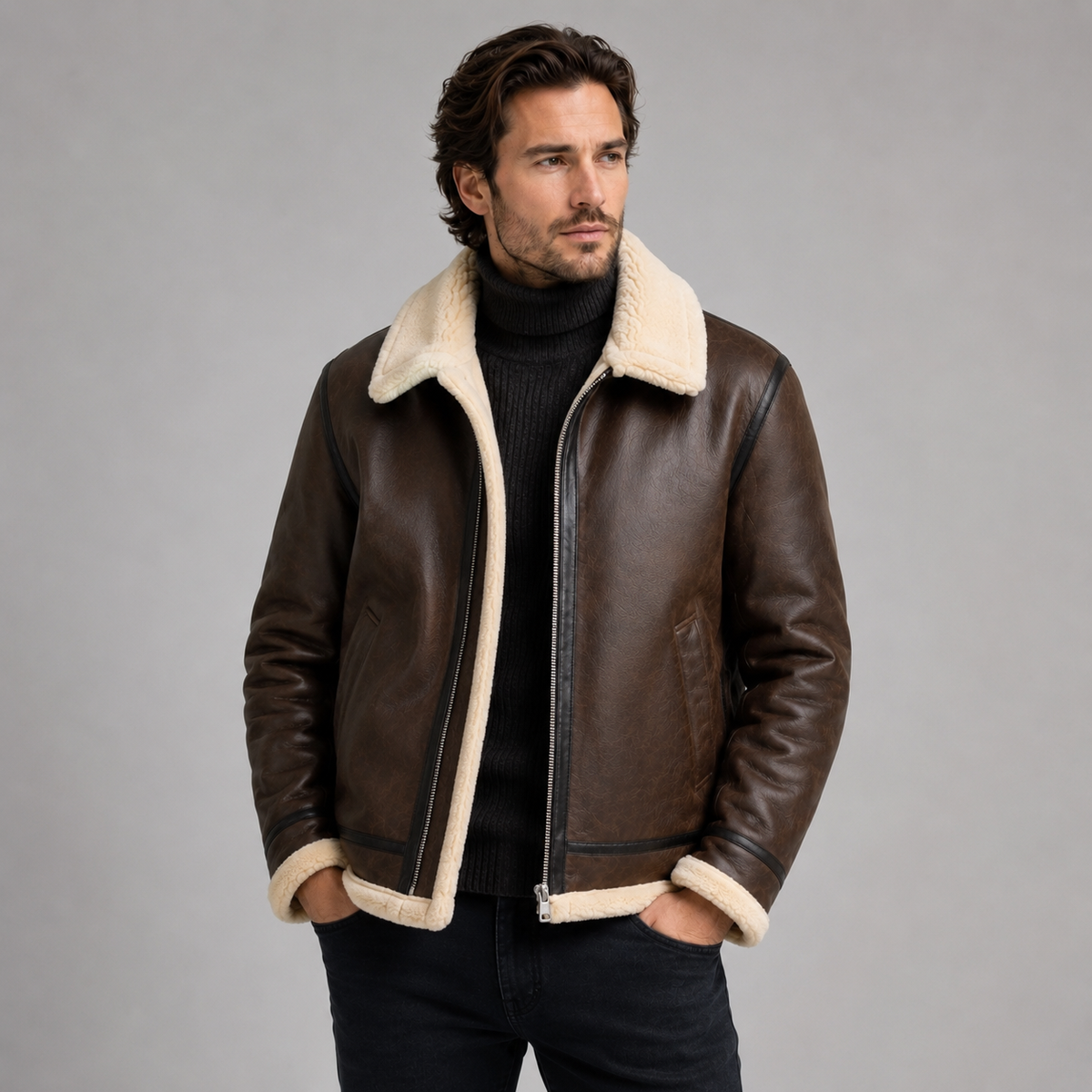 Men's Faux Leather Shearling Aviator Jacket