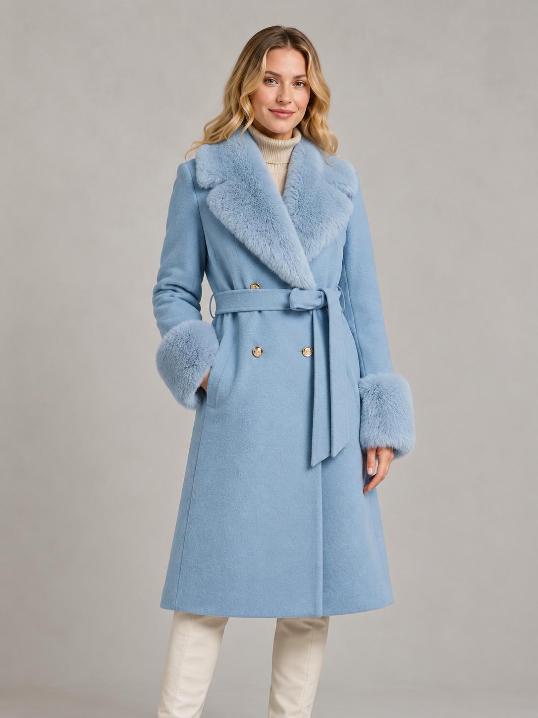 Women's Winter Coat with Fur Trim and Belt