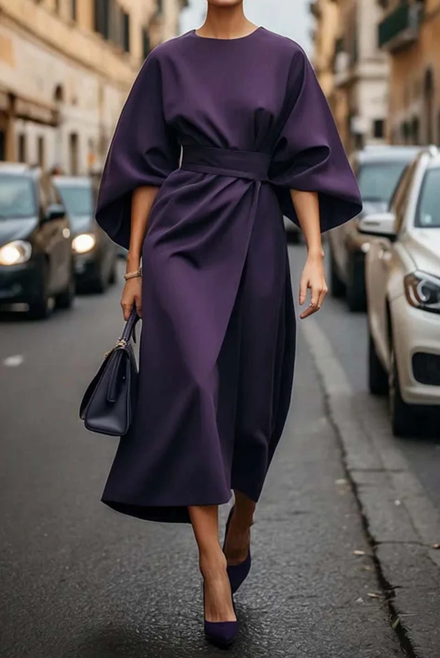 Emily | Women's Midi Dress with Batwing Sleeves, Casual