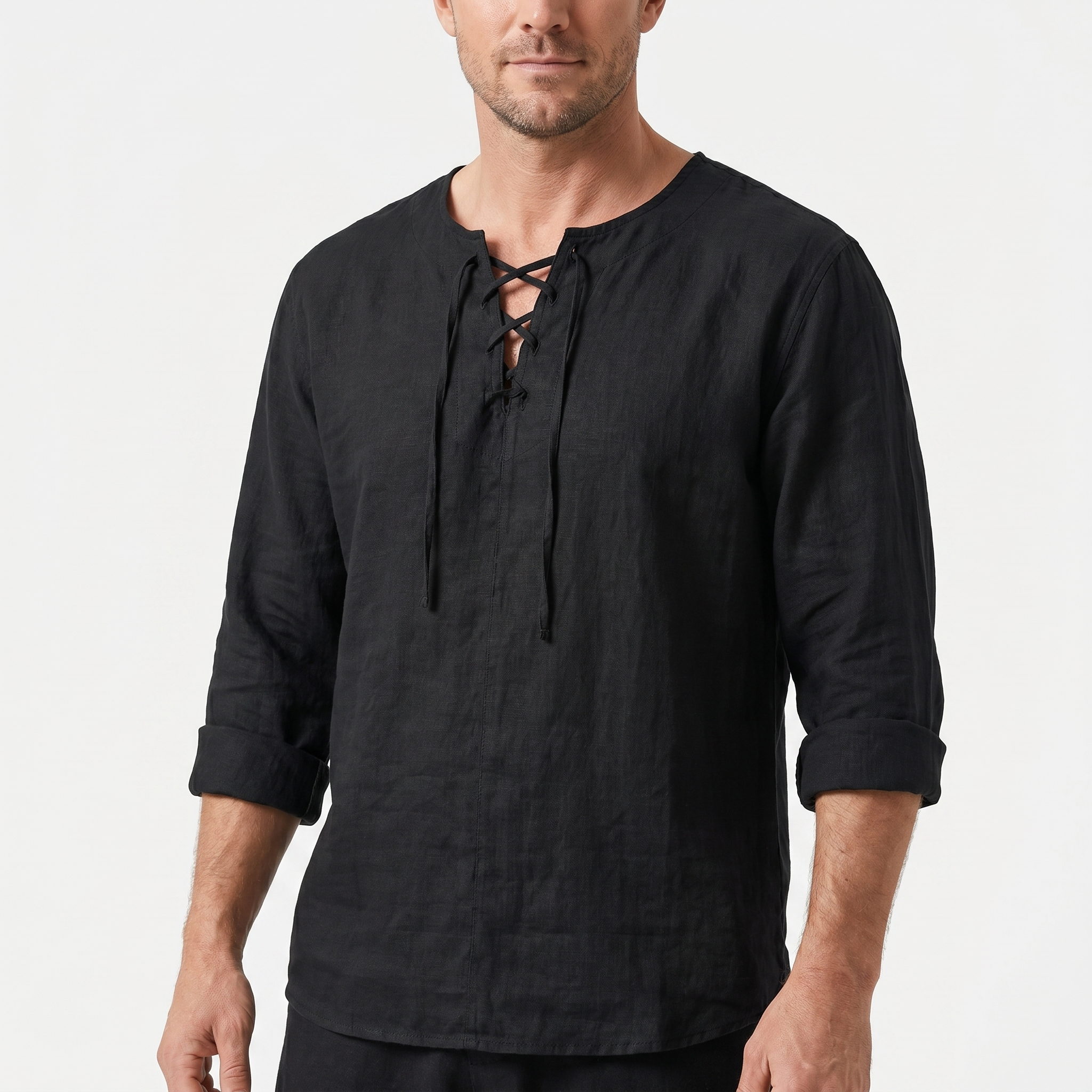 Men's Casual Linen Shirt - Summer Lace-Up Neckline