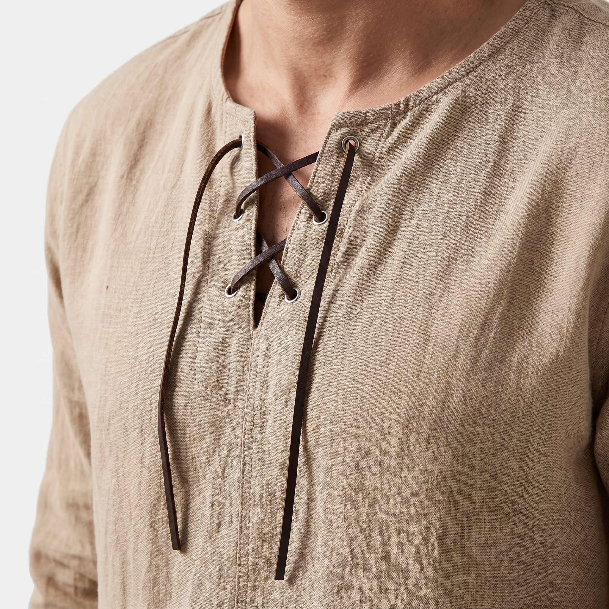 Men's Casual Linen Shirt - Summer Lace-Up Neckline