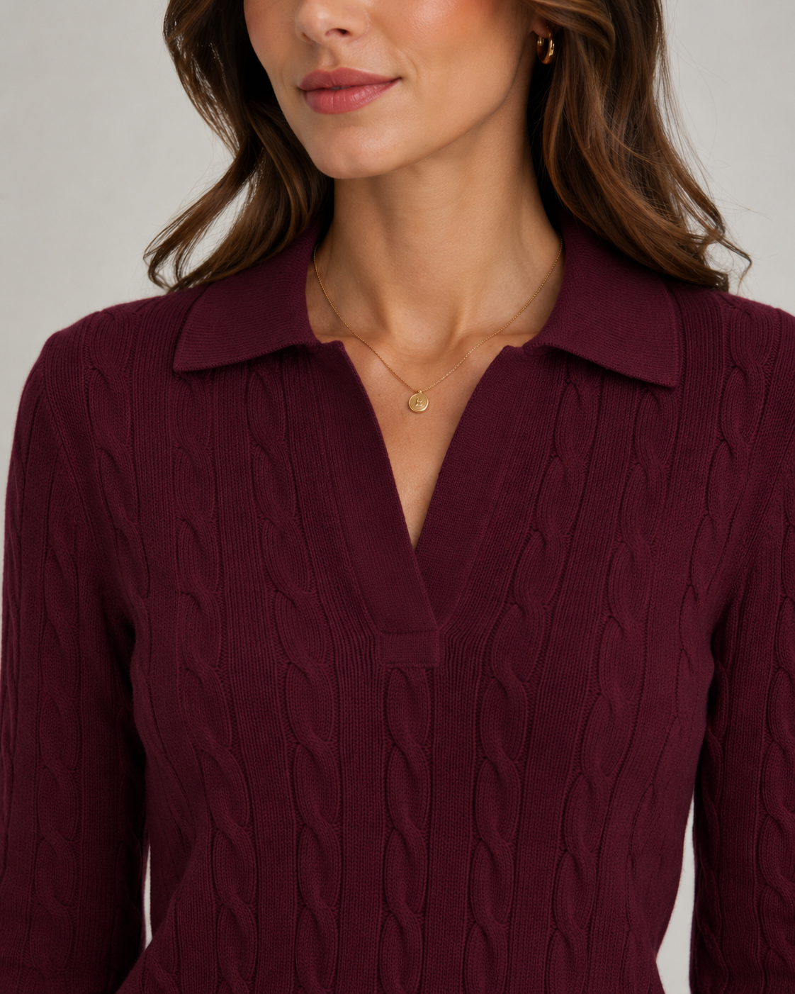 Women's Cable Knit Polo Sweater with Collar