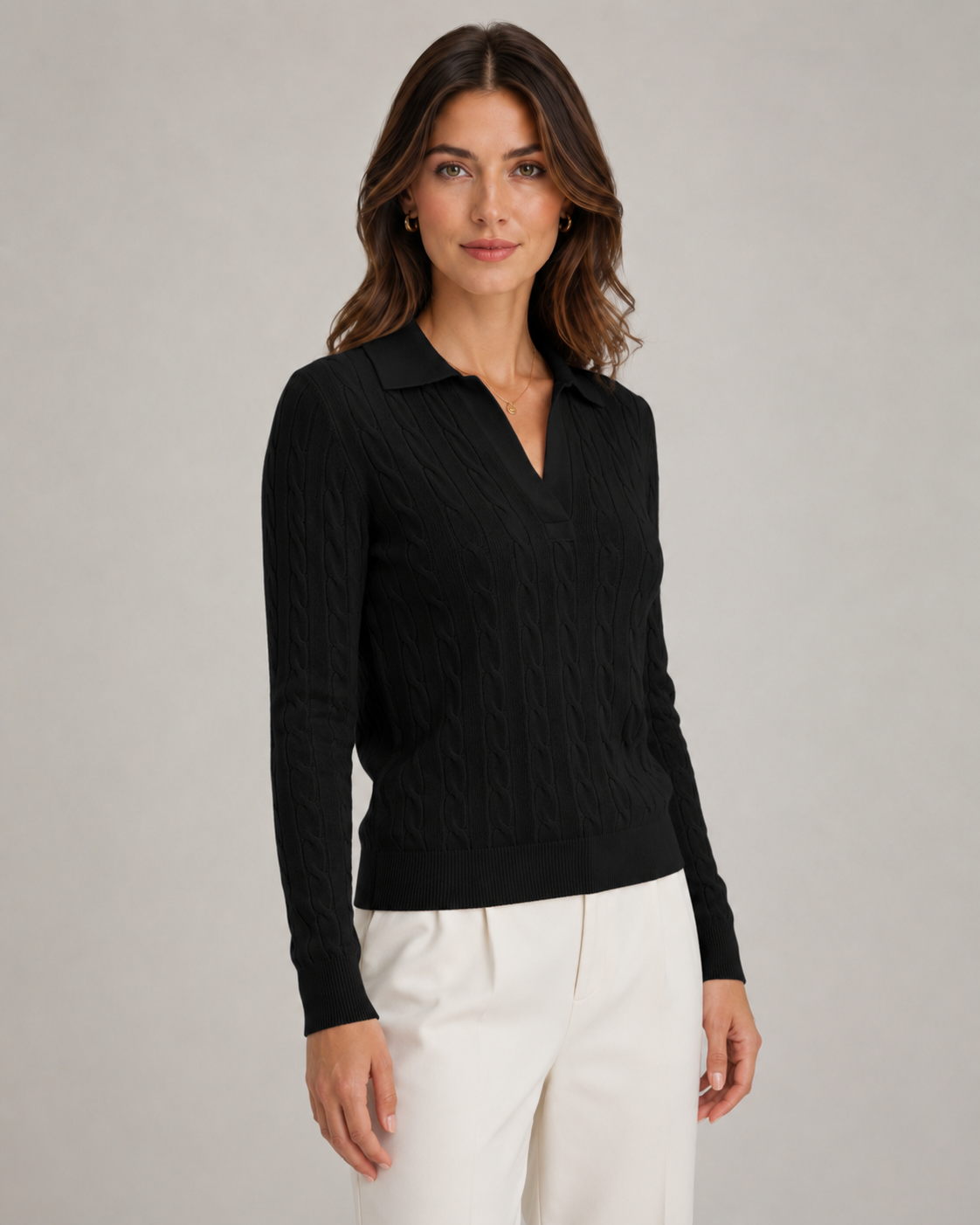Women's Cable Knit Polo Sweater with Collar