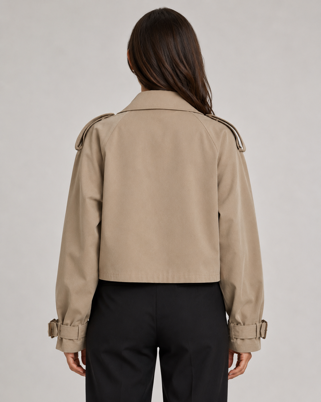 Women's Cropped Double Breasted Trench Coat with Buckle Cuffs