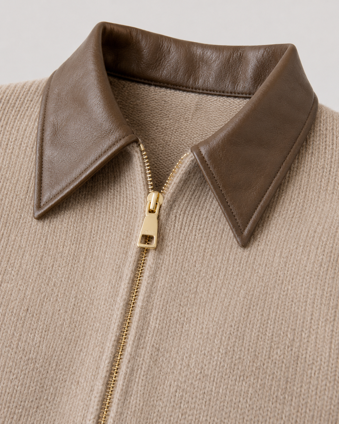 Women's Knit Cardigan with Leather Collar and Zip Closure