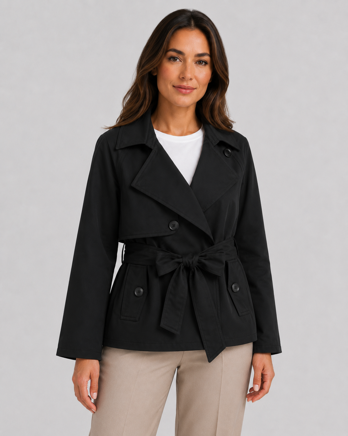 Women's Double-Breasted Cropped Trench Coat with Tie Waist