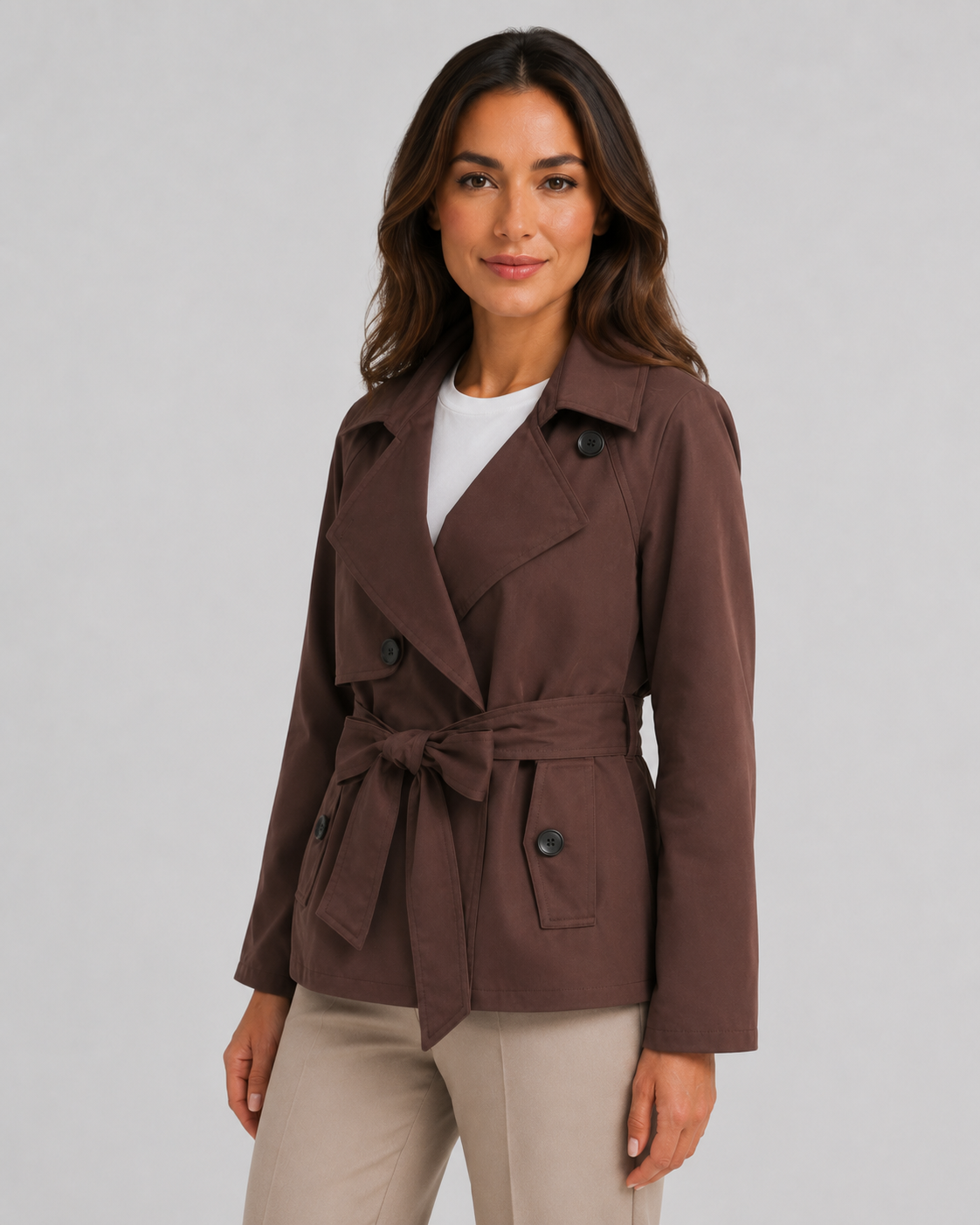 Women's Double-Breasted Cropped Trench Coat with Tie Waist