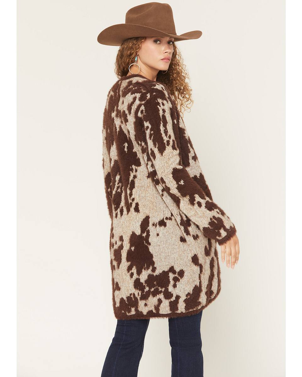 Women's Eyelash Knit Cow Print Cardigan