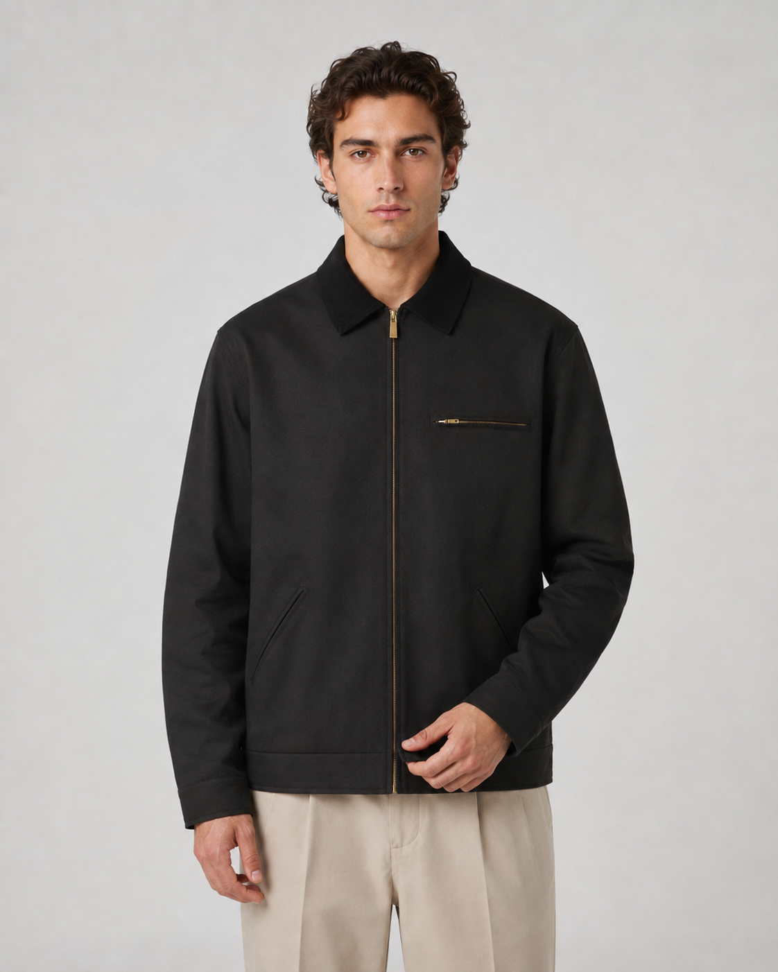 Men's Barn Jacket with Contrast Collar and Zip Front