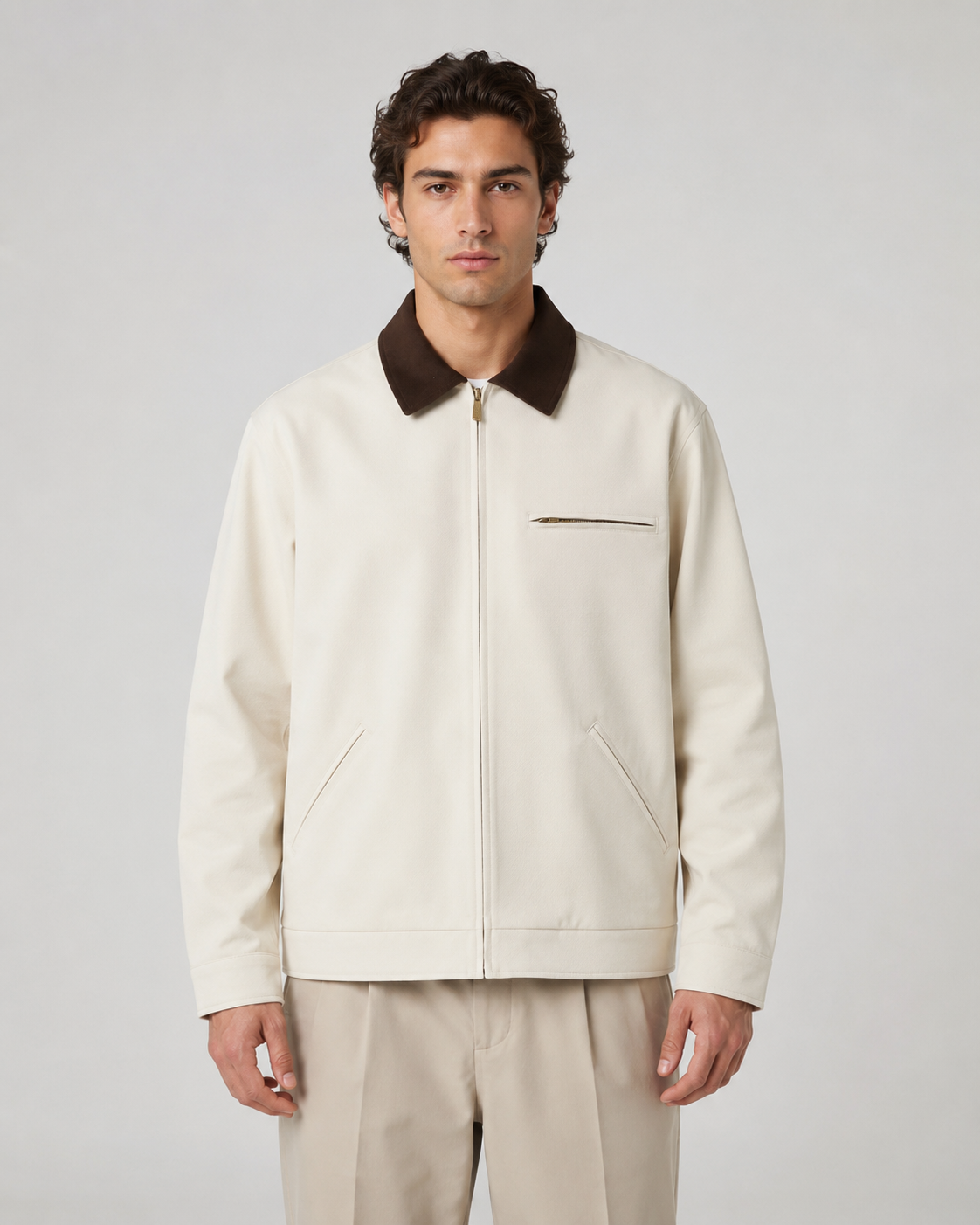 Men's Barn Jacket with Contrast Collar and Zip Front