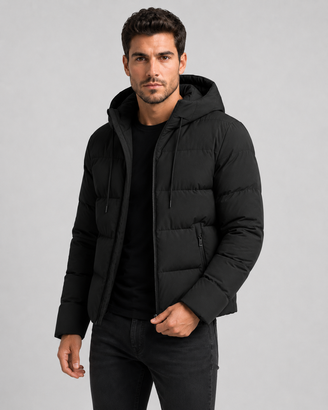 Men's Winter Puffer Jacket with Hood and Zip Pockets