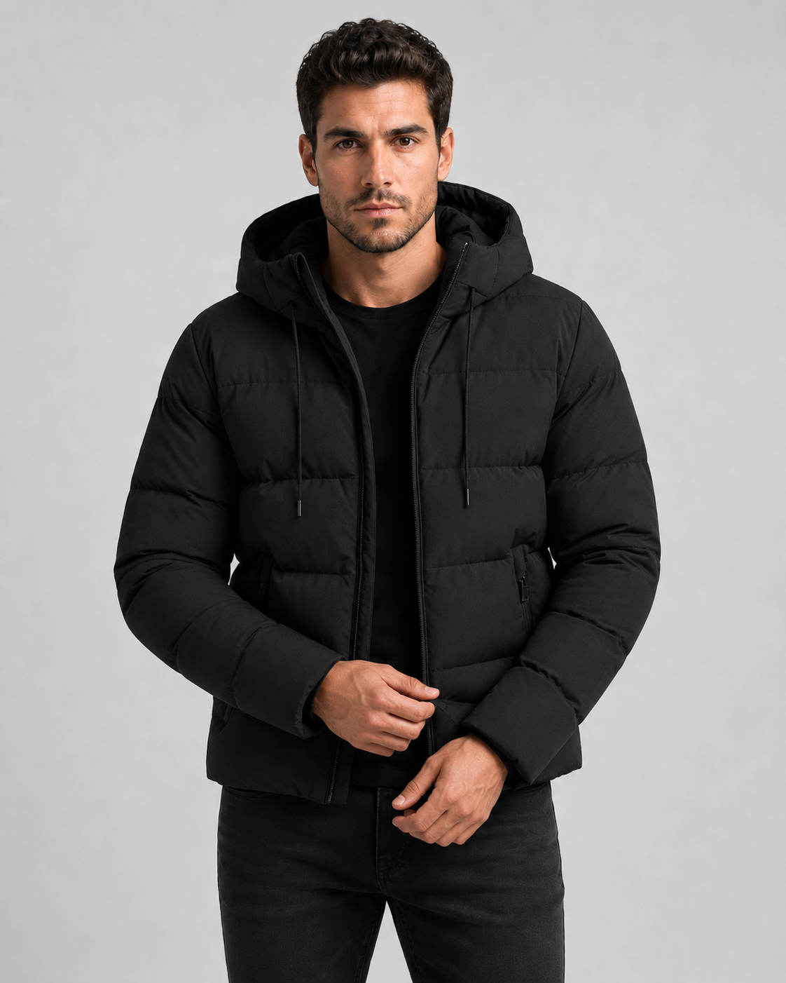 Men's Winter Puffer Jacket with Hood and Zip Pockets
