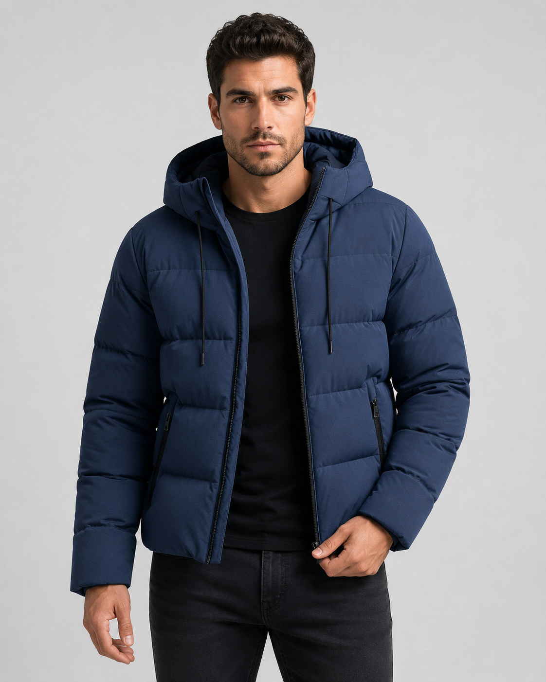 Men's Winter Puffer Jacket with Hood and Zip Pockets