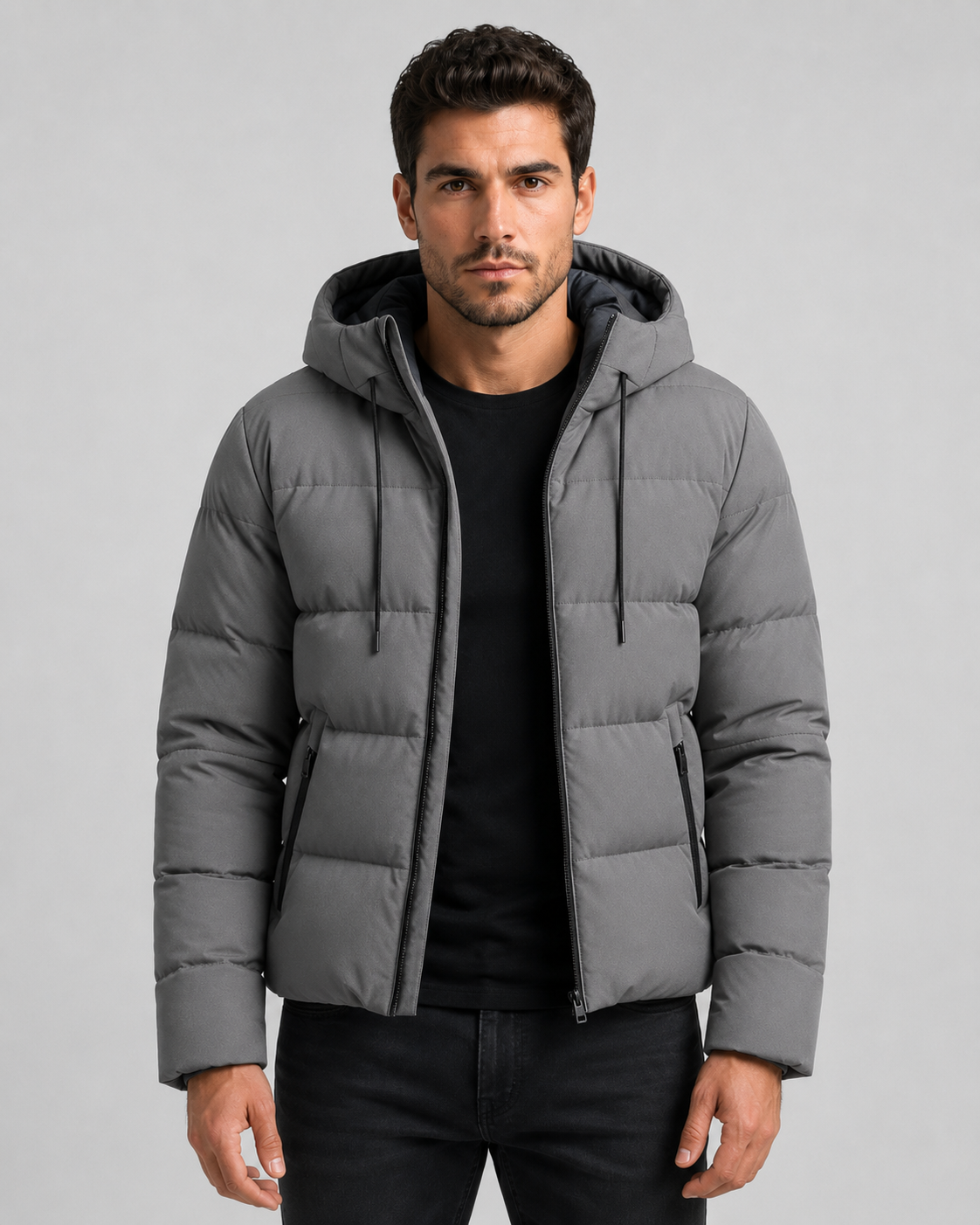 Men's Winter Puffer Jacket with Hood and Zip Pockets