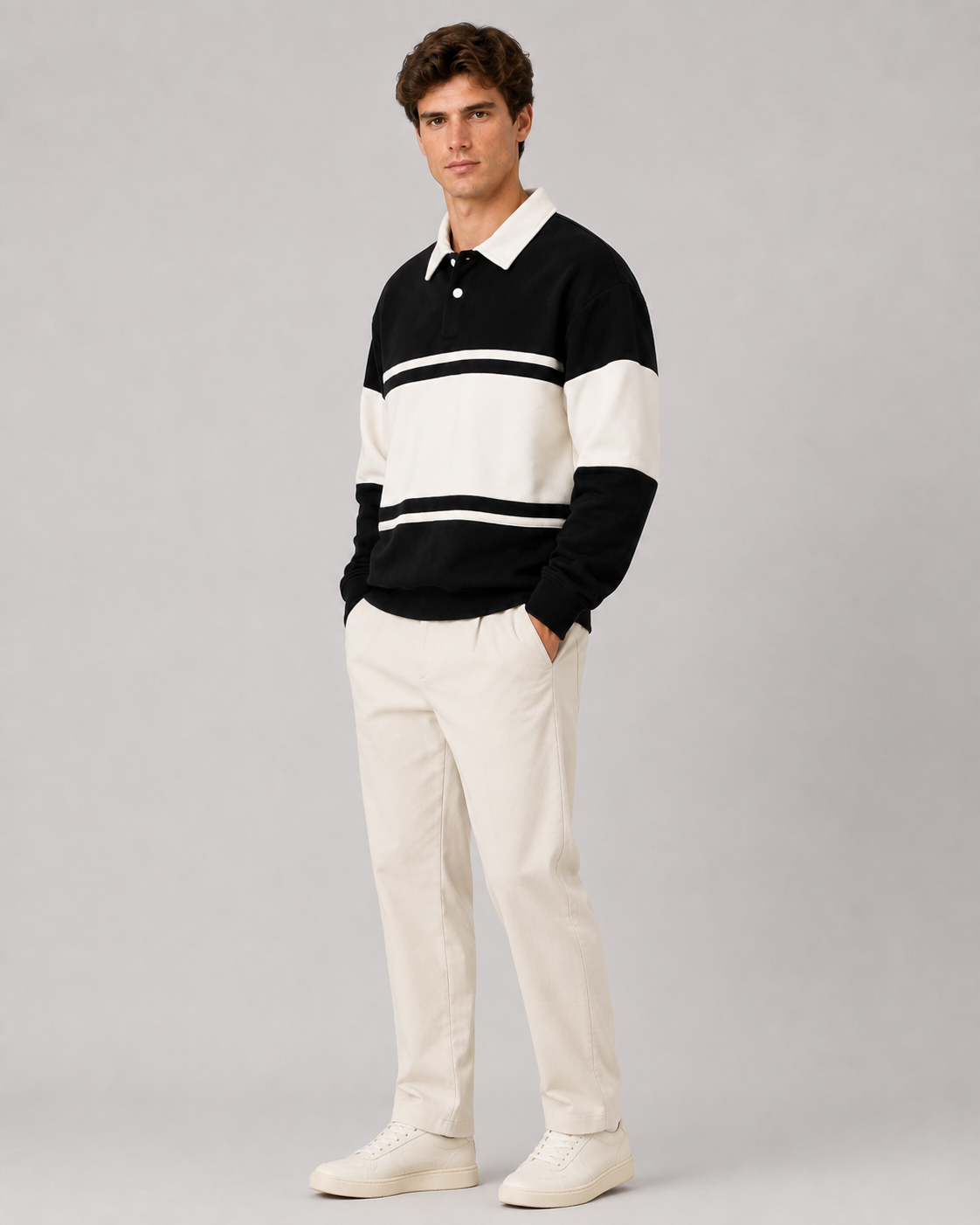 Men's Color Block Rugby Polo Sweater - Long Sleeve Relaxed Fit