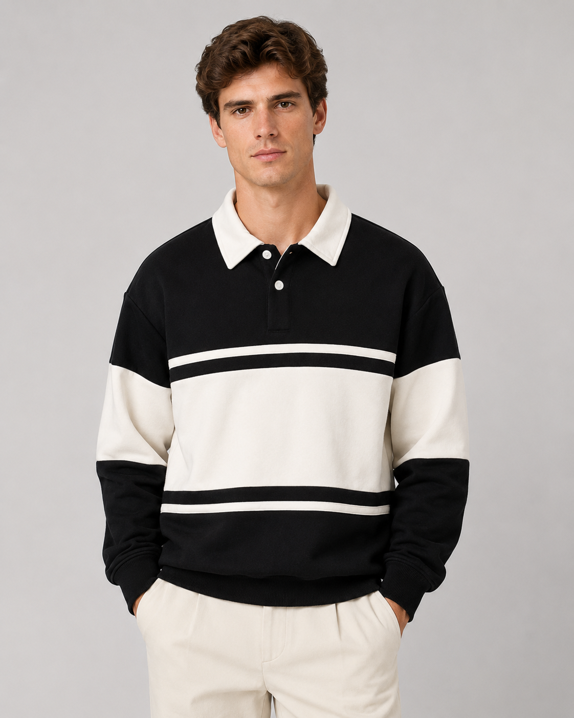 Men's Color Block Rugby Polo Sweater - Long Sleeve Relaxed Fit