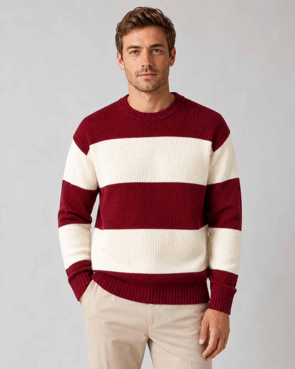Men's Crew Neck Rugby Stripe Sweater - Relaxed Fit