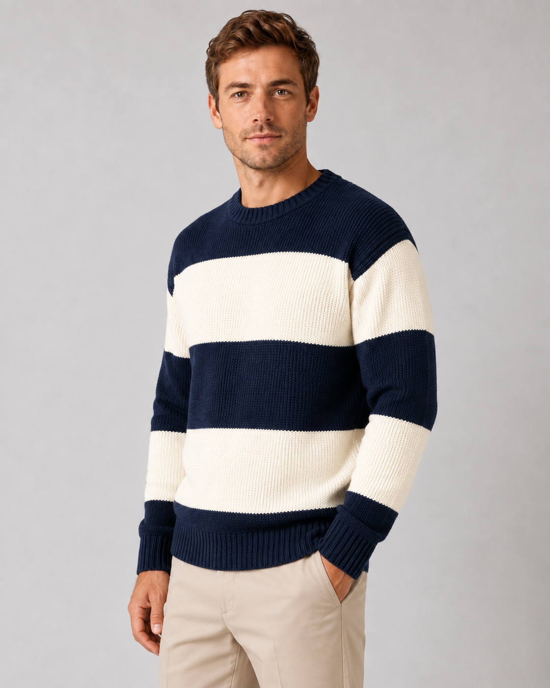 Men's Crew Neck Rugby Stripe Sweater - Relaxed Fit