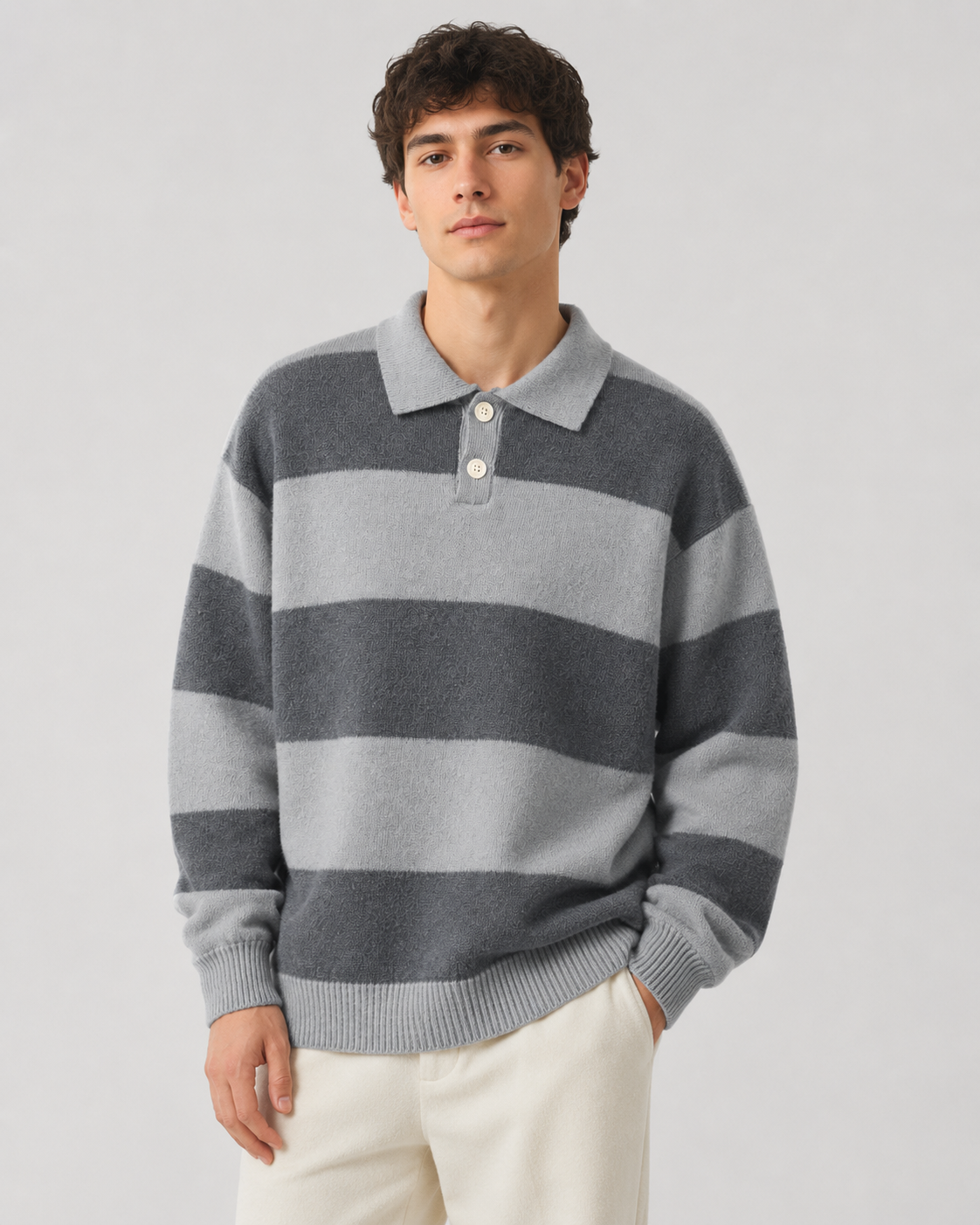 Men's Long Sleeve Relaxed Fit Rugby Stripe Polo Sweater
