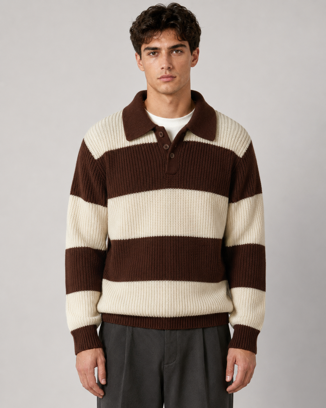 Men's Knitted Polo Sweater with Button Collar and Stripes