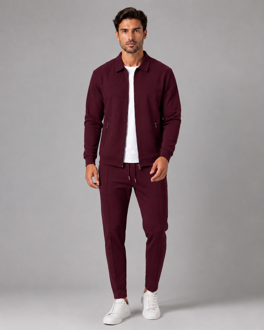 Men's Waffle Tracksuit Set - Zip Jacket and Pants
