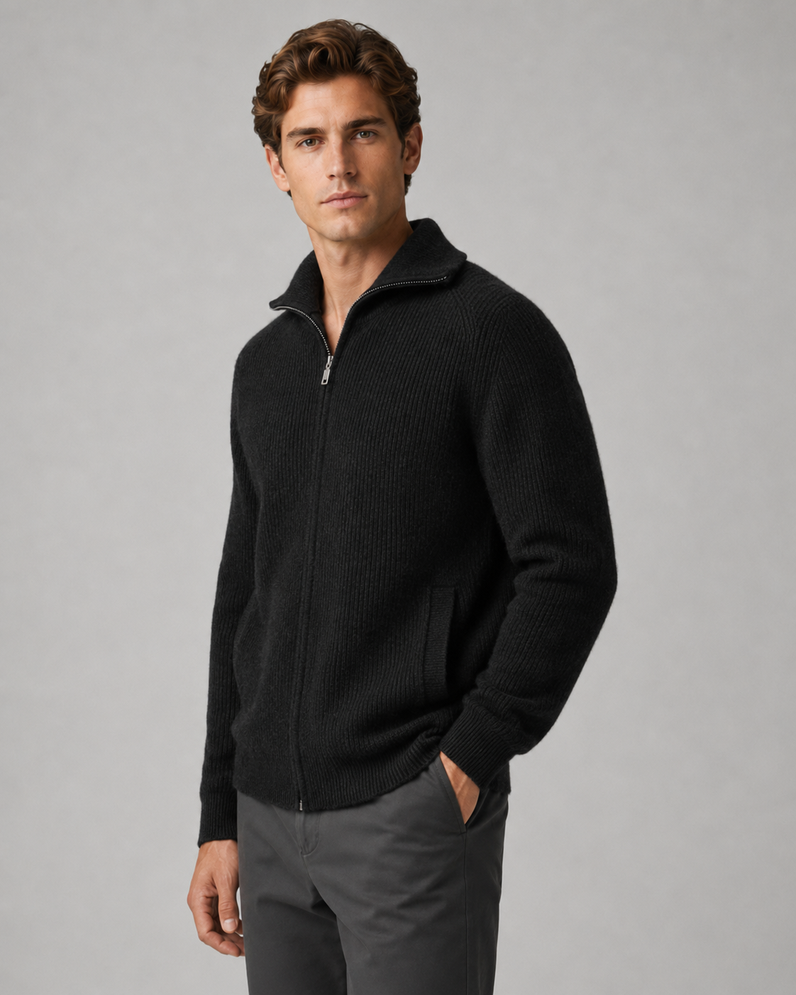 Men's Quarter-Zip Wool Sweater - Ribbed Mock Neck Regular Fit
